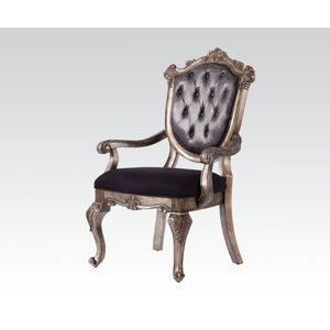 KD, Padded SEAT Cushion: Black Fabric BACK Trim: Top w/Scrolled Details & Crown, BACK Cushion: Silver Gray Silk-Like Fabric w/Button Tufted (Inside Back: Tufted / Outside Back: Plain) Wooden Frame, Leg: Queen Anne Style<br/><br/><b>Product Features</b><ul