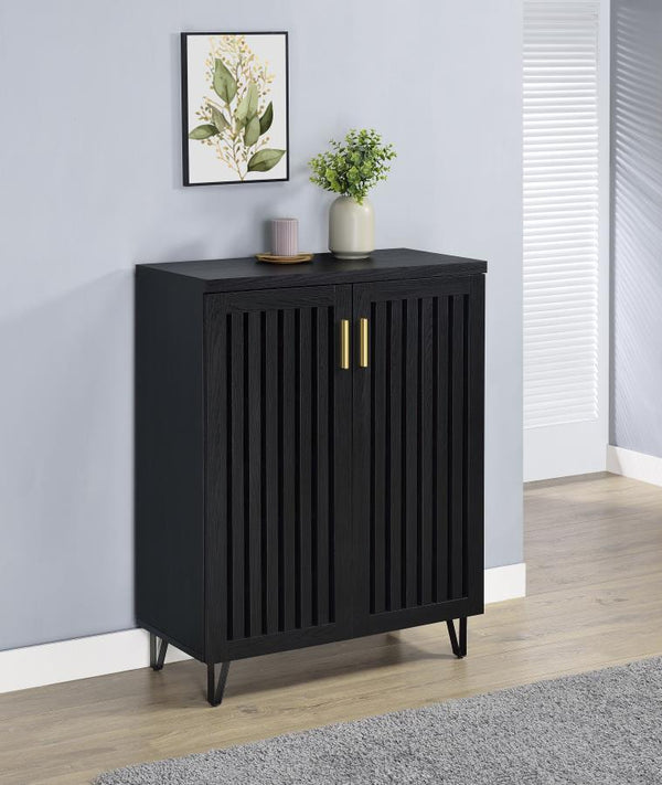  designed to keep your footwear organized and out of sight while complementing a variety of interior styles. Behind its distinctive vertical-slatted doors