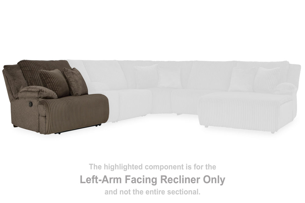 This left-arm facing recliner is made with polyester upholstery. Pairs with other items in the series to make a sectional.<br><br><b>Additional Dimensions</b><br><ul><li>Arm height: 26-"</li><li>Seat depth: 23-"</li><li>Seat height: 20-"</li><li>Fully rec