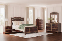 Timeless and classic, this bedroom set offers a grand design accented with rich hues and eye-catching details. Stately from every angle, its sophisticated elements blend together to display your love of traditional aesthetics. Glossy reddish/brown finish 