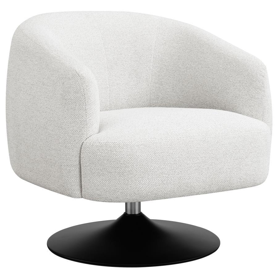 Wrapped in a beige boucle fabric, this contemporary swivel accent chair is the perfect addition to a vintage-inspired home. A throwback to a retro era, the chair offers a barrel style design situated on a pedestal base, swiveling 360 degrees. A wonderful 