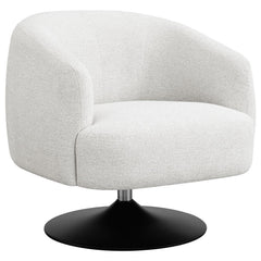 Wrapped in a beige boucle fabric, this contemporary swivel accent chair is the perfect addition to a vintage-inspired home. A throwback to a retro era, the chair offers a barrel style design situated on a pedestal base, swiveling 360 degrees. A wonderful 