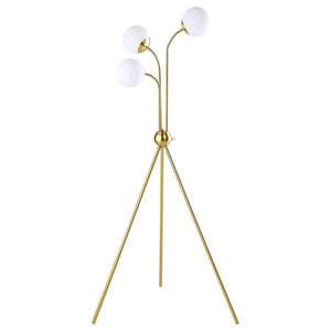  the eye-catching lamp features a bold tripod base with a round accent from which 