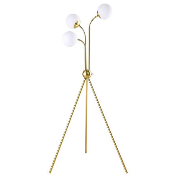  the eye-catching lamp features a bold tripod base with a round accent from which 
