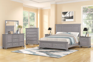 The Jamestown 6-Piece Wood Bedroom Set in Gray is a perfect fusion of style, durability, and functionality, designed to elevate the elegance of your bedroom. This set includes a Panel Bed with a storage footboard, Dresser, Mirror, Chest of Drawers, and tw
