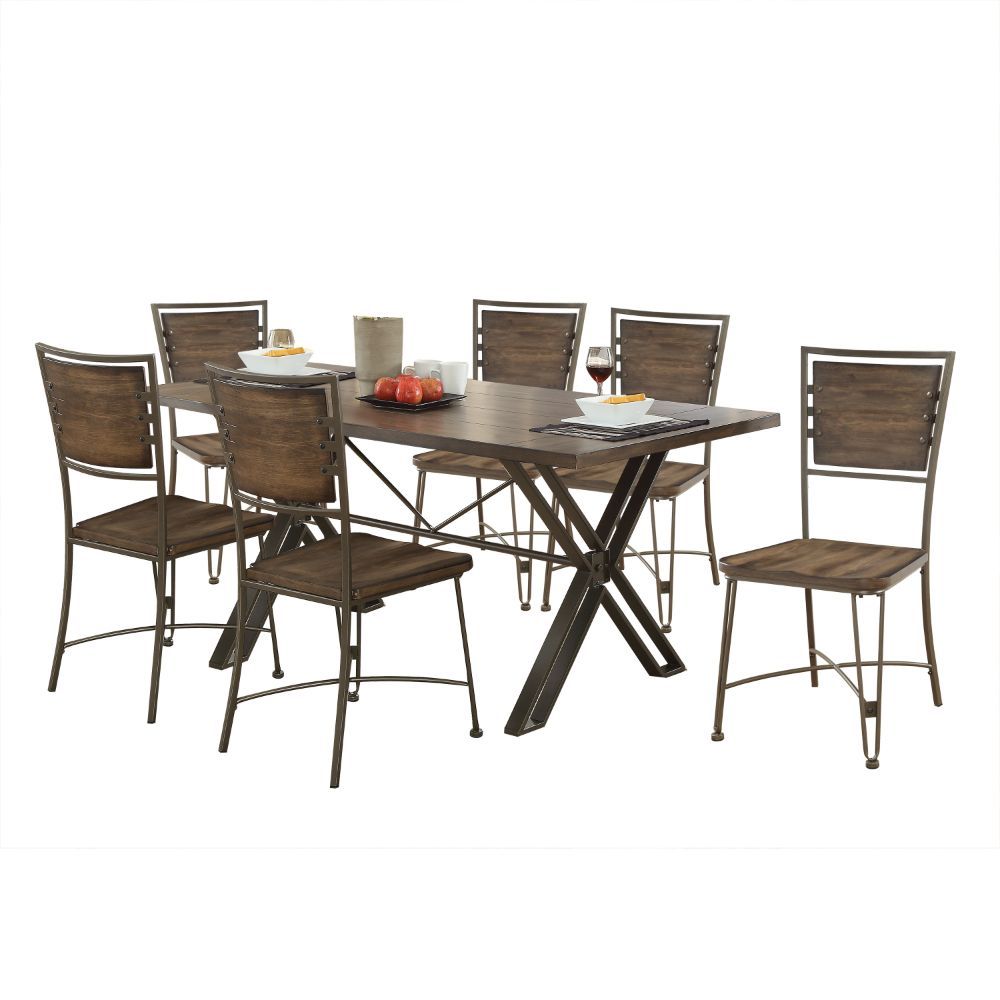 KD, Armless Chair â€¢ Wooden Seat & Backrest â€¢ Metal Frame: Backrest, Seat Apron & Legs with -"X-" Crossbar Support<br/><br/><b>Product Features</b><ul><li>Rectangular Trestle Table</li><li>Wooden Top: Walnut Finish</li><li>Metal Trestle Base: Gunmetal 