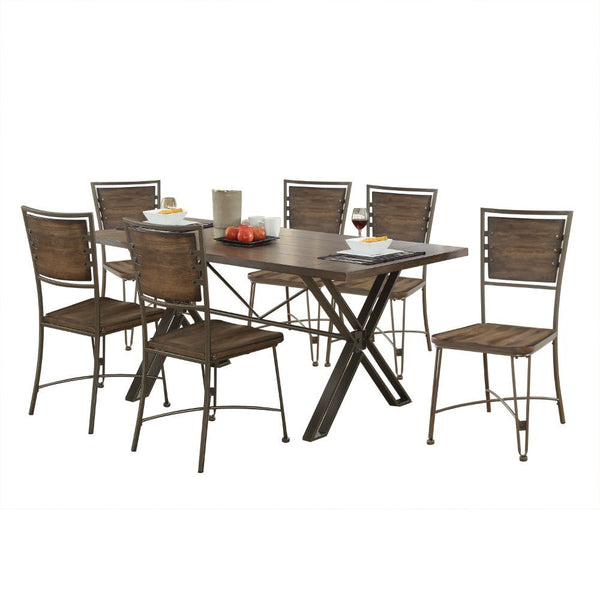 KD, Armless Chair â€¢ Wooden Seat & Backrest â€¢ Metal Frame: Backrest, Seat Apron & Legs with -"X-" Crossbar Support<br/><br/><b>Product Features</b><ul><li>Rectangular Trestle Table</li><li>Wooden Top: Walnut Finish</li><li>Metal Trestle Base: Gunmetal 