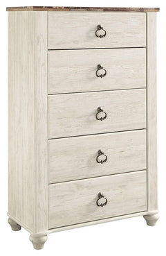 This chest of drawers is the ultimate statement piece for your coastal cottage or shabby chic inspired retreat. A whitewash finish on the drawers and sides is wonderfully easy on the eyes. Paired with the unique plank-effect top, itâ€™s a driftwoody look 