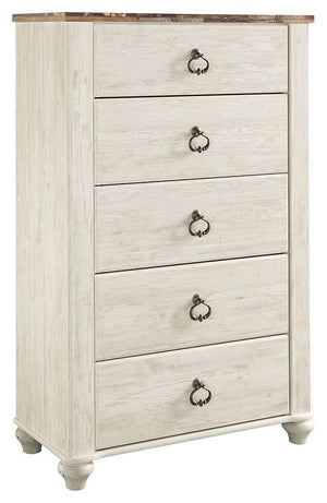 This chest of drawers is the ultimate statement piece for your coastal cottage or shabby chic inspired retreat. A whitewash finish on the drawers and sides is wonderfully easy on the eyes. Paired with the unique plank-effect top, itâ€™s a driftwoody look 