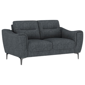 Indulge in effortless style and comfort with this chic transitional loveseat. Soft charcoal upholstery gracefully harmonizes with any dÃ©cor, while plush pocket coil seat cushions and modern track arms provide inviting support for your downtime. Designed 
