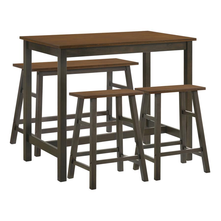 A charming addition to a kitchen breakfast nook or compact dining area, this country four-piece counter height table set gives off modern farmhouse vibes. A two-tone finish offers a subtle contrast and rustic-inspired design. A chestnut finish covers the 