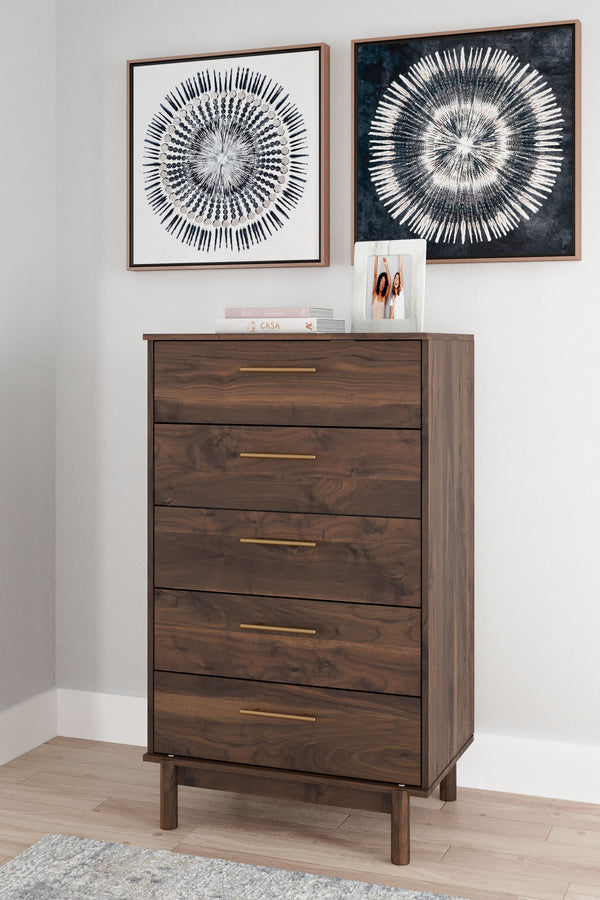  youâ€™ll find this chest of drawers. With a rich brown finish over replicated walnut wood grain
