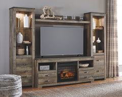 Entertain a rugged yet refined sense of style with this entertainment center. Rustic finish and plank-style details pay homage to reclaimed barn wood, while metal banding with nailhead accents infuses a touch of industrial cool. Ultra clean lines ensure a