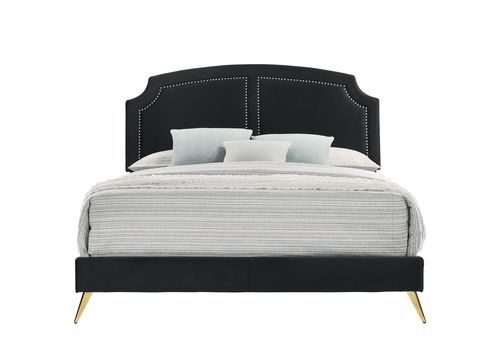 Black and gold are the embodiment of sophistication and chicness. Enjoy a good night-'s sleep with this Zeena contemporary bed. Gold-finished nailhead trim on the headboard lends a refined touch. Perched on beautiful and sturdy gold metal tapered legs tha