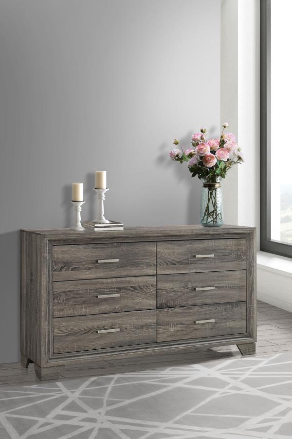 Introduce gracious style in an approachable, tailored bedroom suite with this transitional six-drawer dresser. Designed to augment clothing and accessory storage, it-'s built with six roomy drawers, all complete with center metal glides for smooth perform