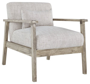 Keep your seating casually cool with this accent chair. The clean-lined design sports a gray finish for a modern appeal, while light neutral upholstery in a herringbone pattern creates textural interest. Antiqued pewter-tone accents add a touch of urban f