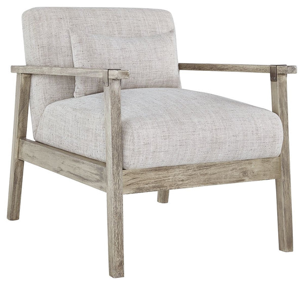 Keep your seating casually cool with this accent chair. The clean-lined design sports a gray finish for a modern appeal, while light neutral upholstery in a herringbone pattern creates textural interest. Antiqued pewter-tone accents add a touch of urban f
