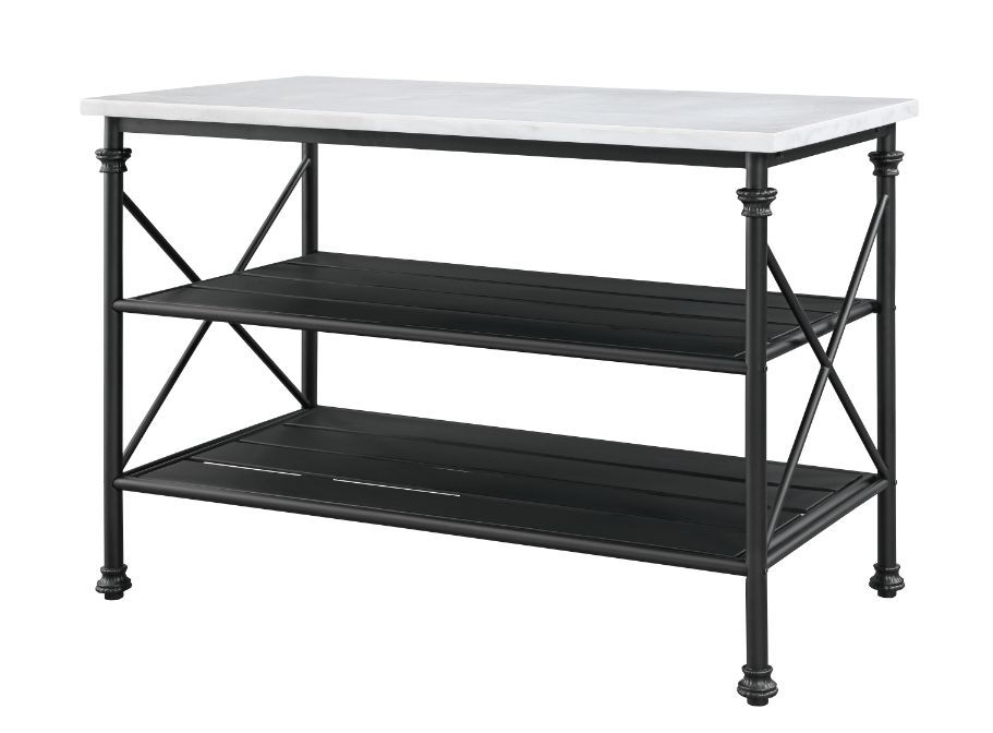 Minimalistic design paired with clean, simple color. The Brahm Kitchen Island gives off a light and airy feel to a compact cooking space. Clean-lined metal frame is topped with a artificial stone top, creating a sleek, modern silhouette that gives your ki