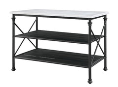 Minimalistic design paired with clean, simple color. The Brahm Kitchen Island gives off a light and airy feel to a compact cooking space. Clean-lined metal frame is topped with a artificial stone top, creating a sleek, modern silhouette that gives your ki