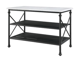 Minimalistic design paired with clean, simple color. The Brahm Kitchen Island gives off a light and airy feel to a compact cooking space. Clean-lined metal frame is topped with a artificial stone top, creating a sleek, modern silhouette that gives your ki