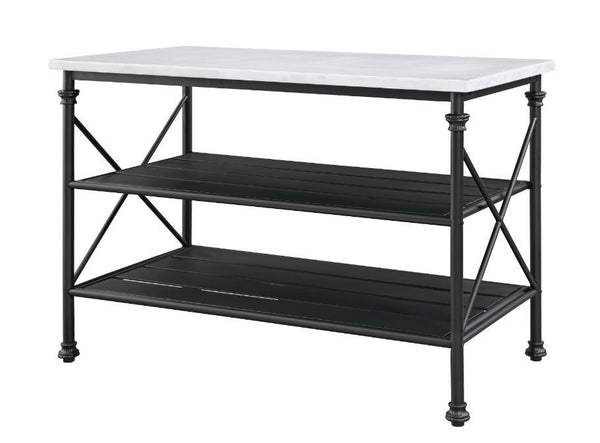 Minimalistic design paired with clean, simple color. The Brahm Kitchen Island gives off a light and airy feel to a compact cooking space. Clean-lined metal frame is topped with a artificial stone top, creating a sleek, modern silhouette that gives your ki