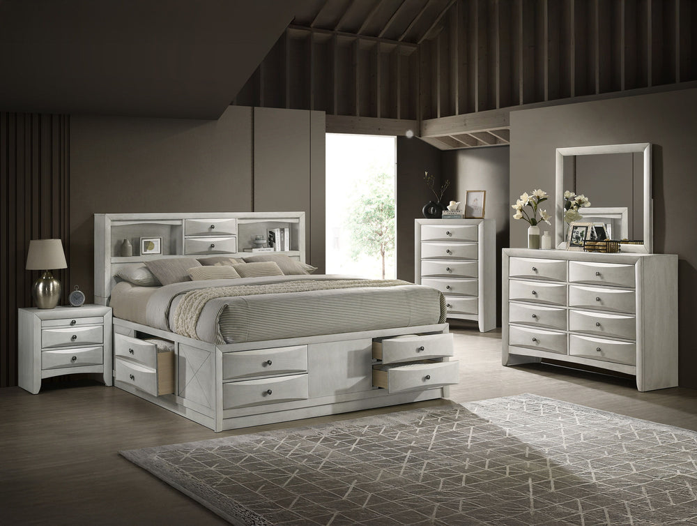 Optimize your bedroom with this innovative and stylish furniture collection, designed to blend modern functionality with sleek aesthetics. The centerpiece boasts a sophisticated headboard featuring built-in shelving and storage compartments, perfect for s