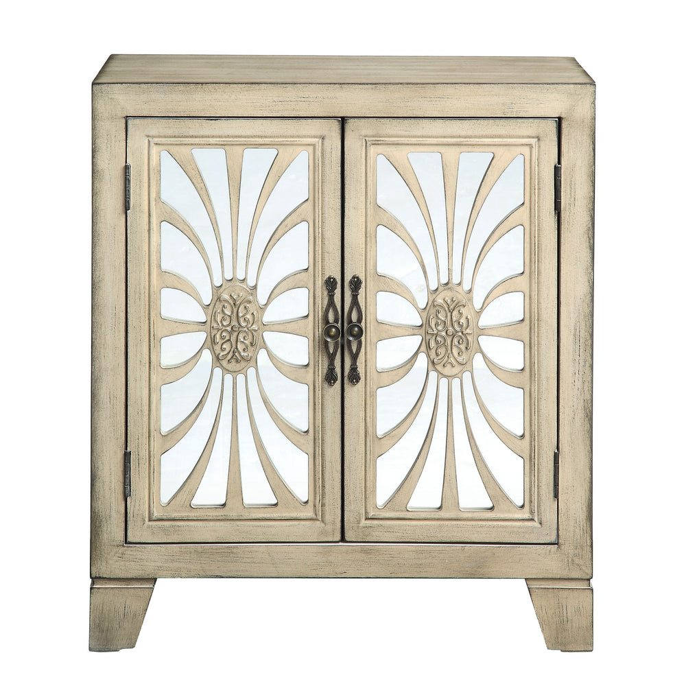Rectangular Accent Table w/2 Doors Tapered Leg Storage: Glass Doors w/1 Shelf Inside<br/><br/><b>Product Features</b><ul><li>Rectangular Accent Table w/2 Doorsâ€§ Tapered Leg</li><li>Storage: Glass Doors w/1 Shelf Inside</li><li>Pattern & Mirror Front Doo