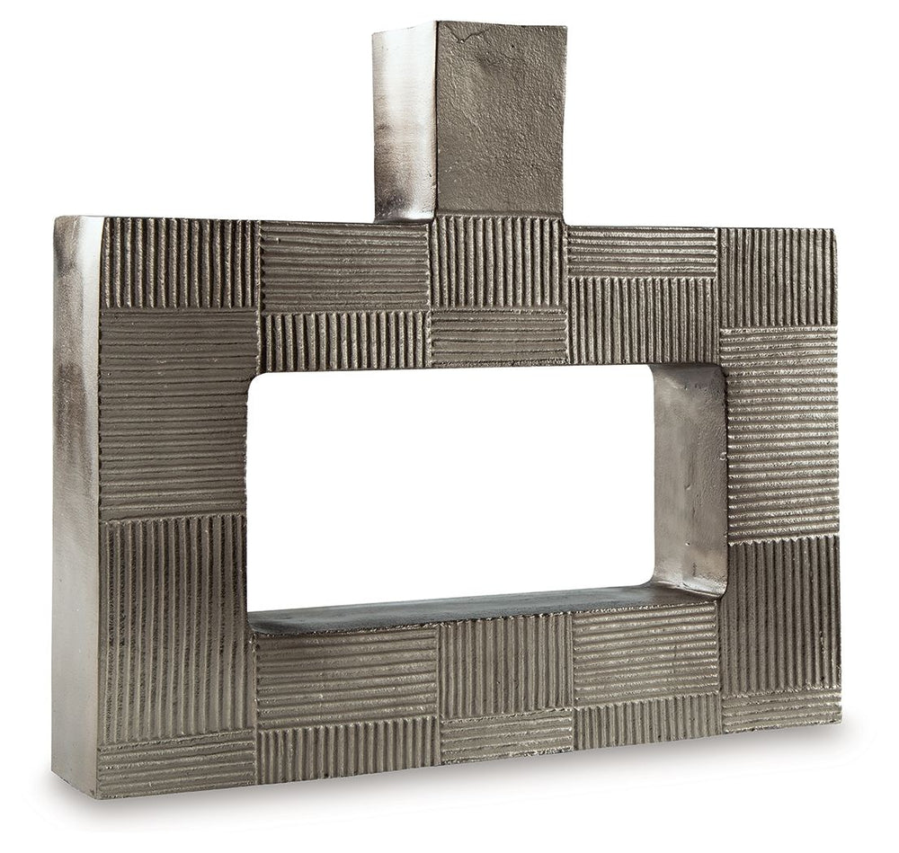Stunning from all angles, this vase-'s contemporary geometric form acts as a captivating focal point for your mantle or bookshelf. Its antiqued nickel-tone body is detailed with subtle texture for added visual appeal. What a perfect fit for those seeking 
