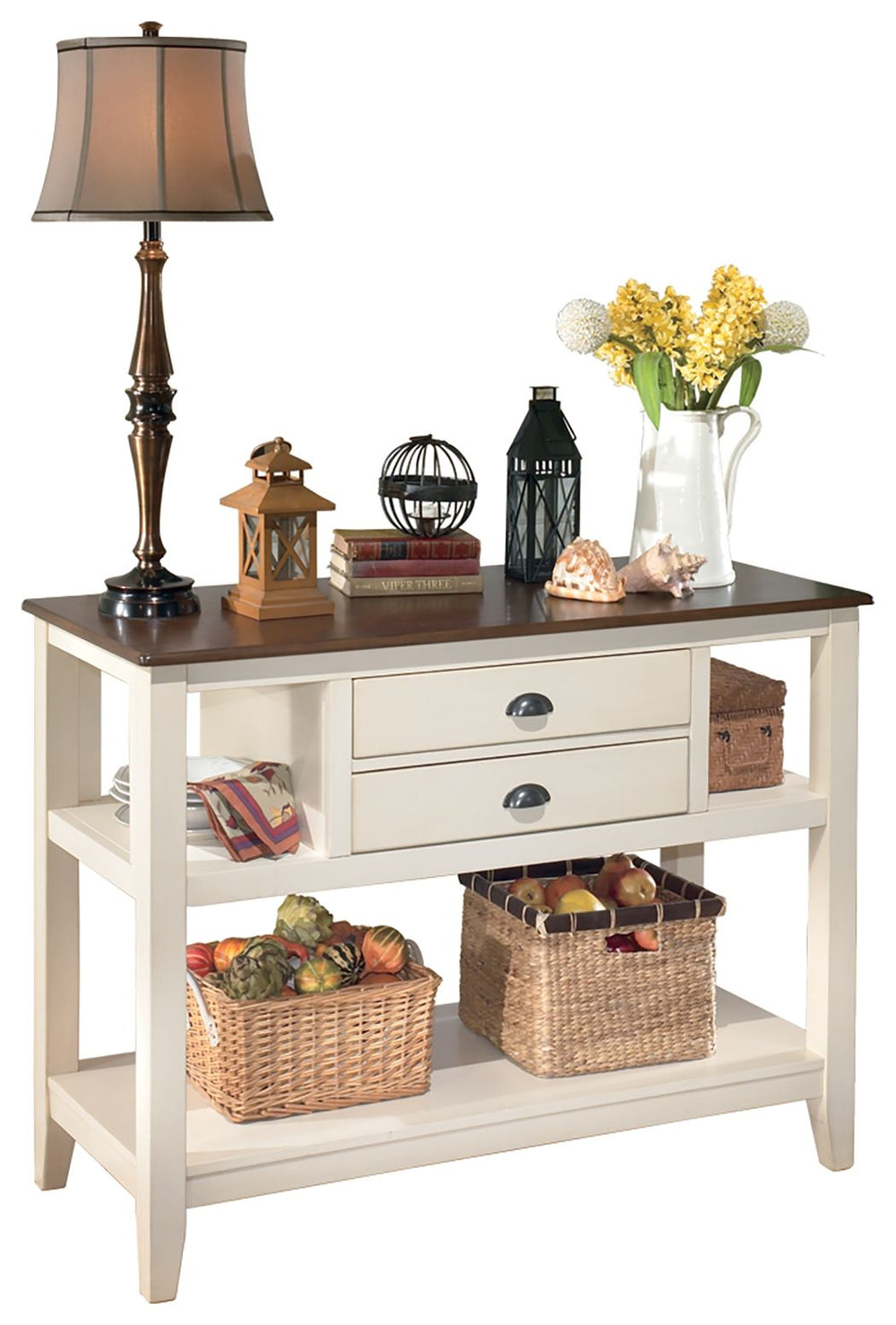 There are so many ingredients that make this dining room server a tasteful choice, starting with the two-tone detailing thatâ€™s equally homey and sophisticated. And the retro-inspired cup metal pulls? So charming. Display nooks and plenty of usable table