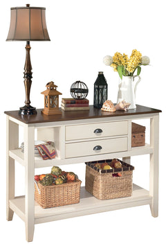 There are so many ingredients that make this dining room server a tasteful choice, starting with the two-tone detailing thatâ€™s equally homey and sophisticated. And the retro-inspired cup metal pulls? So charming. Display nooks and plenty of usable table