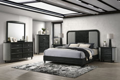 The Skyline 6-Piece Bedroom Set blends modern style with durability. Crafted from solid Rubberwood, engineered woods, and Ash veneers, it features an Onyx Black finish with gray glazing that enhances the wood grain. The upholstered panel bed adds plush co