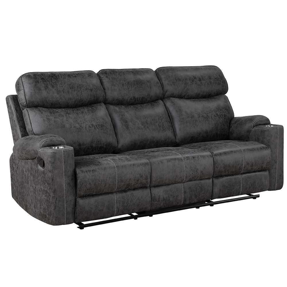 This Hirah motion sofa in dark gray polish microfiber offers both luxury and convenience. Featuring tight back and seat cushions with pocket coil construction and a sturdy wooden inner frame, it ensures maximum comfort. The loveseat includes a console wit