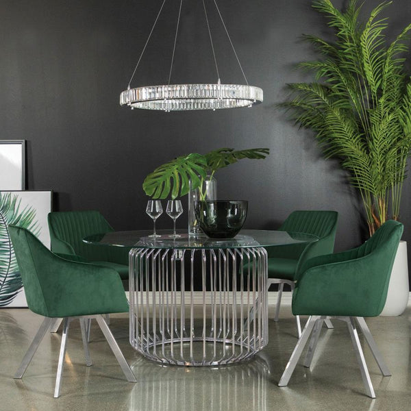  this dining table base gives off a cage-like appearance and an open and airy style. With a lus