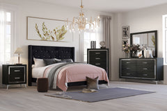 The Huxley 5-Piece Bedroom Set in Black offers a perfect blend of contemporary glam and durability for your home. This set includes an upholstered bed with headboard, footboard, two side rails, and slat kit, along with a 6-drawer dresser, mirror, 2-drawer