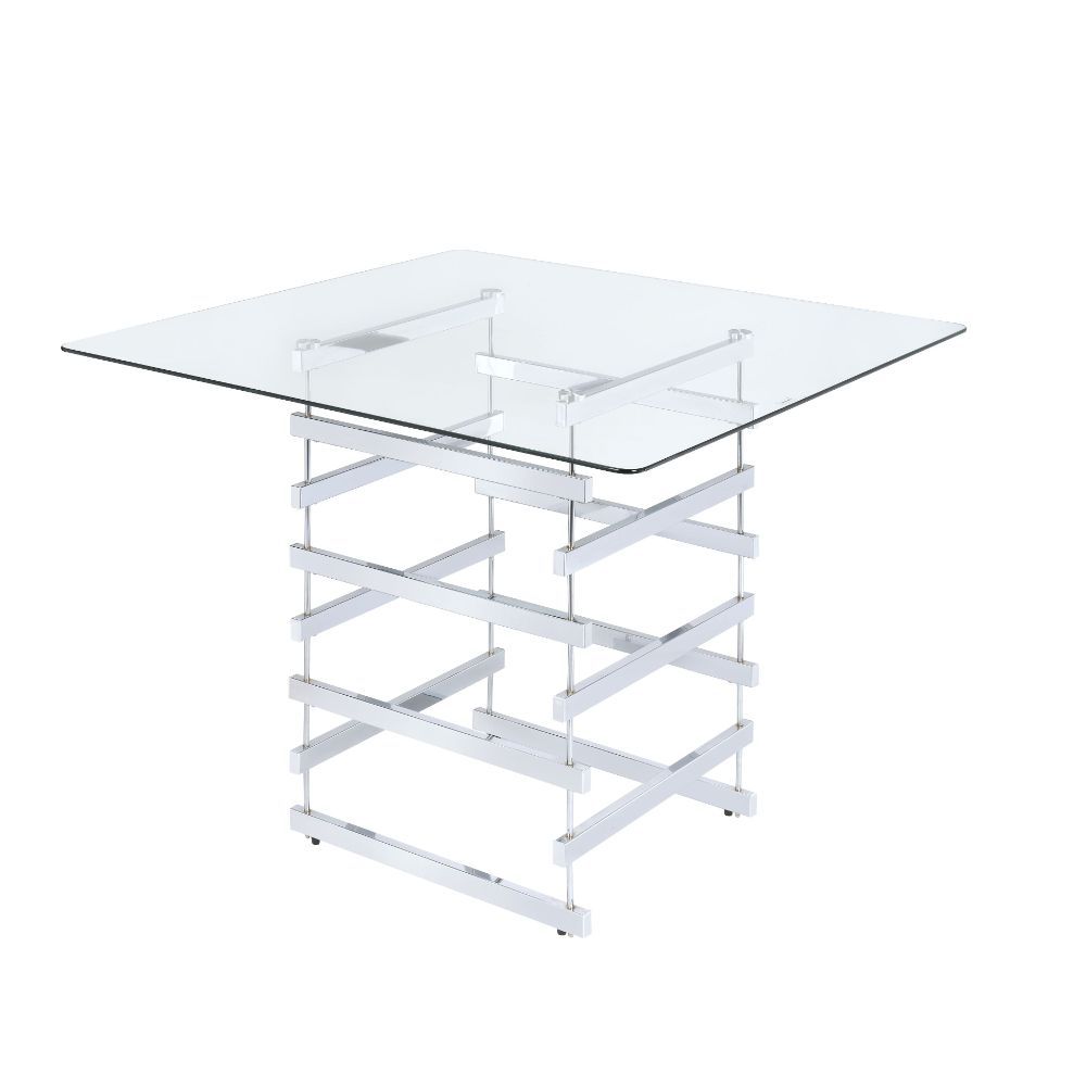 The Nadie counter height table features bold and light weight architectural lines. The chrome finished legs and stretchers create the implied sturdy box base, creating different patterns from all views. Contrasting with the 42-" square glass top, this din