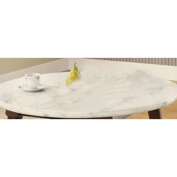  Round Coffee Table (NO Storage) â€¢ Marble Top: White â€¢ Wooden Tapered Leg: Walnut Finish â€¢<br/><br/><b>Product Features</b><ul><li>Round Leg Tables</li><li>White Marble Top</li><li>Wooden Tapered Leg</li><li>Gasha Collection: 72820 Dining