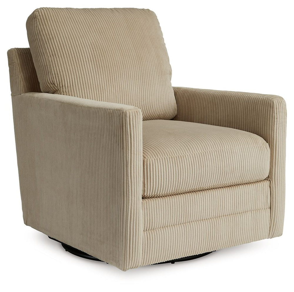 Clean-lined, contemporary style. Relaxed, homey comfort. This swivel chair has it all. Lightweight sand-hued corduroy upholstery makes it a cozy yet head-turning piece. Factor in the 360-degree spin, and you-'ve got a win-win.<br><br><b>Additional Dimensi