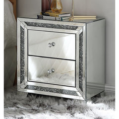 Assembled, Rectangular Night Table Storage: 2 Drw Features: Mirrored Finish w/Faux Diamonds & Clear Glass, Mirrored Tapered Leg CONSTRUCTION Mirrored Case Frame: 4mm Beveled Mirror, MDF