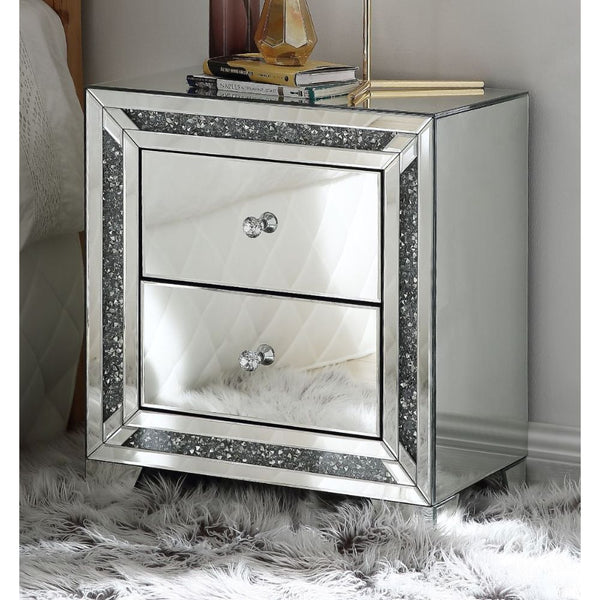 Assembled, Rectangular Night Table Storage: 2 Drw Features: Mirrored Finish w/Faux Diamonds & Clear Glass, Mirrored Tapered Leg CONSTRUCTION Mirrored Case Frame: 4mm Beveled Mirror, MDF
