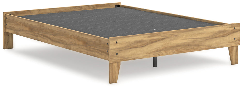 This full platform bed puts the dream of a casual bedroom retreat beautifully within budget. A warm light brown finish over replicated hickory grain exudes a homey vibe. Itâ€™s a simply relaxed way to achieve the sanctuary of your dreams without needing a