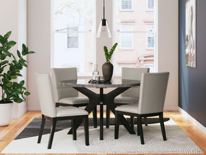 Embrace the feel of casual contemporary design when you sit down to the Glinari dining package. Matte black frames and a contrasting faux marble tabletop give off a decidedly modern vibe. And with faux leather upholstery on the chairs, this set-'s comfort