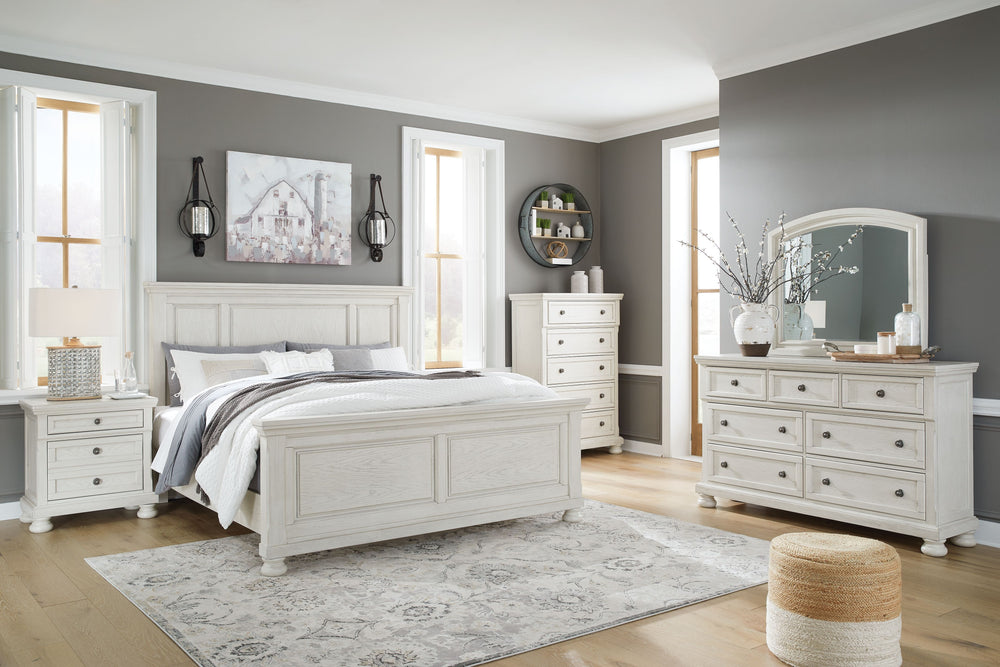 Robbinsdale - 8 Pc. - Dresser, Mirror, Chest, California King Panel Bed, 2 Nightstands - Antique White