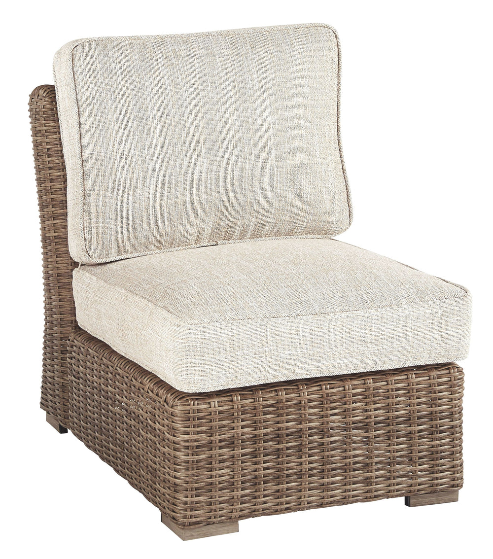 Sporting an easy-on-the-eyes look inspired by driftwood, this cushioned armless chair elevates the art of alfresco living. Beautiful and durable enough for indoor and outdoor use, the high-style/low-maintenance seating entices with plush, removable cushio
