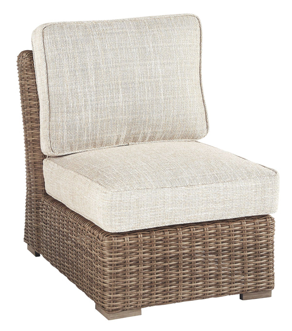 Sporting an easy-on-the-eyes look inspired by driftwood, this cushioned armless chair elevates the art of alfresco living. Beautiful and durable enough for indoor and outdoor use, the high-style/low-maintenance seating entices with plush, removable cushio