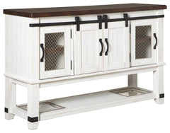To those with an appetite for rustic farmhouse living, this server dishes out irresistible form and function. A pair of cabinet doors with mesh wire inlays add a countrified cool element. Sliding â€œbarn doorsâ€ revealing even more shelved storage are ri