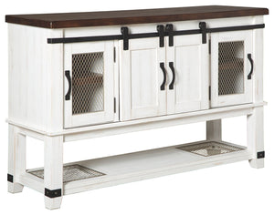 To those with an appetite for rustic farmhouse living, this server dishes out irresistible form and function. A pair of cabinet doors with mesh wire inlays add a countrified cool element. Sliding â€œbarn doorsâ€ revealing even more shelved storage are ri