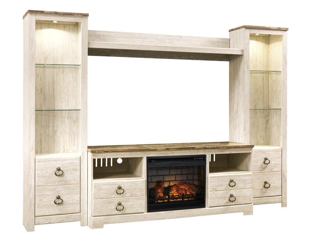 This entertainment center with electric infrared fireplace insert is the ultimate statement piece for your coastal cottage or shabby chic inspired retreat. Whitewashed finish is wonderfully easy on the eyes. Paired with unique plank-style tops, itâ€™s a d