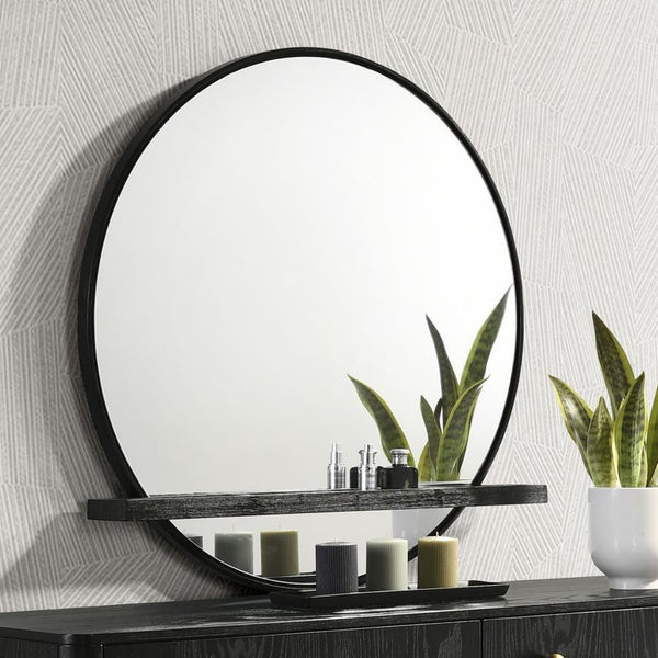  the mirror features a crisp black frame finish. Its round profile includes flat glass