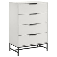 Create ample storage with the compact footprint of a modern four-drawer chest. Its roomy drawers are ideal for clothing, linens, and accessories, helping to keep your personal space tidy and organized. A white finish complements straight, clean lines, whi