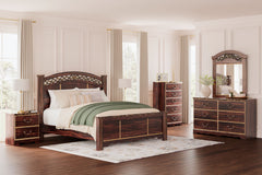Timeless and classic, this bedroom set offers a grand design accented with rich hues and eye-catching details. Stately from every angle, its sophisticated elements blend together to display your love of traditional aesthetics. Glossy reddish/brown finish 